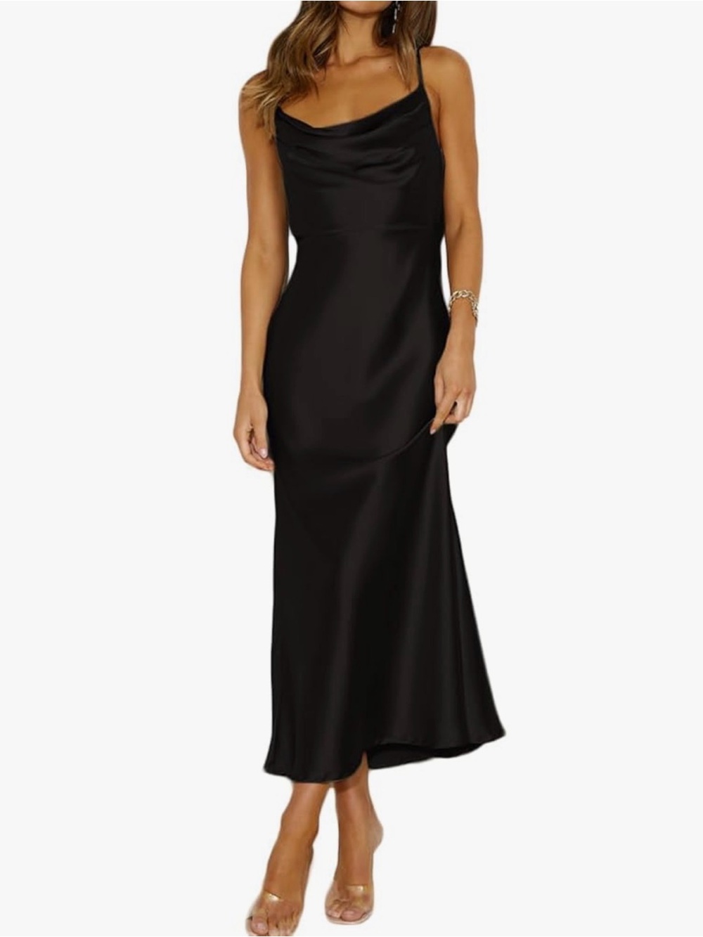 Black Satin Cowl Neck Slip Dress